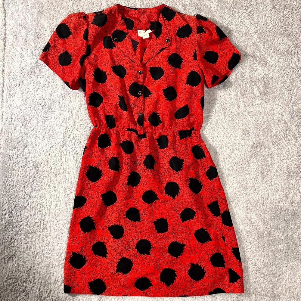 VTG 80s Brothers Dress Women L Red Leaf Print Puff Sleeve Elastic Waist USA Made